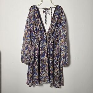 Meet Me In Santorini Boho Floral Babydoll Dress Medium Purple Blue Gold Flowy